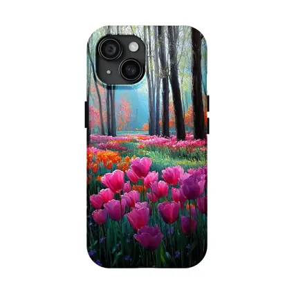 Pink Tulips Forest Path Oil Painting