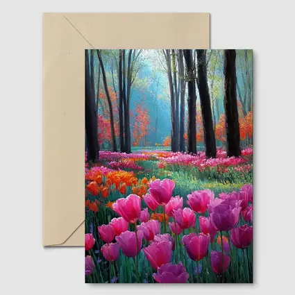 Pink Tulips Forest Path Oil Painting