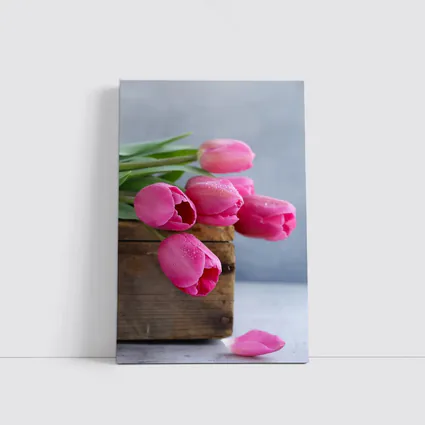Pink Tulips in Rustic Wooden Box