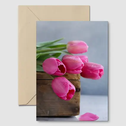 Pink Tulips in Rustic Wooden Box