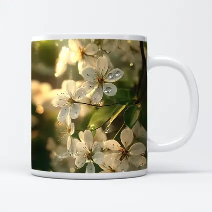 White Cherry Blossoms With Morning Dew Drops