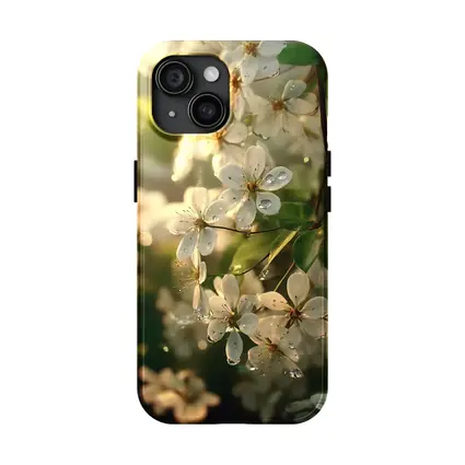 White Cherry Blossoms With Morning Dew Drops