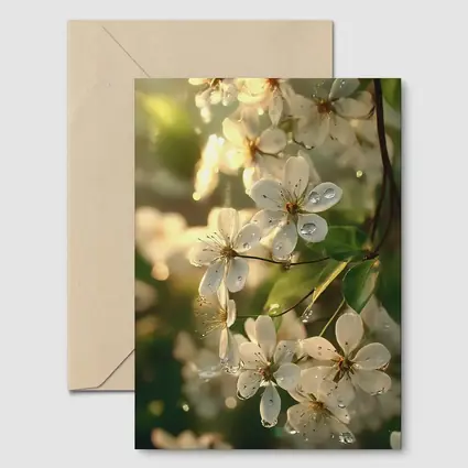 White Cherry Blossoms With Morning Dew Drops