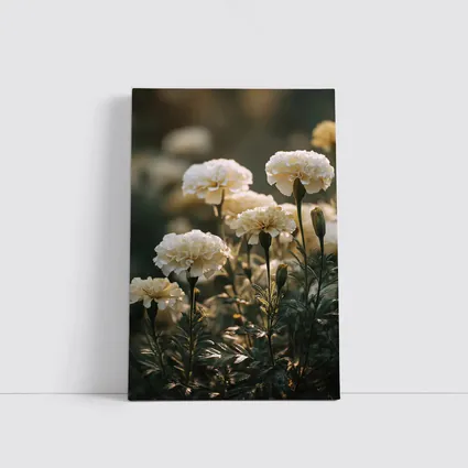 White Carnations Blooming in Soft Garden Light