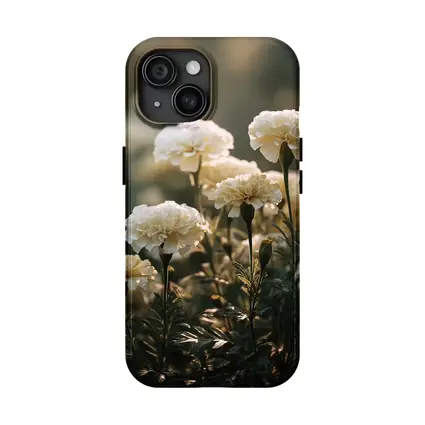 White Carnations Blooming in Soft Garden Light