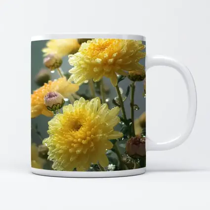 Yellow Chrysanthemums With Water Drops Gray Background