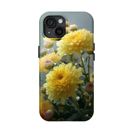 Yellow Chrysanthemums With Water Drops Gray Background