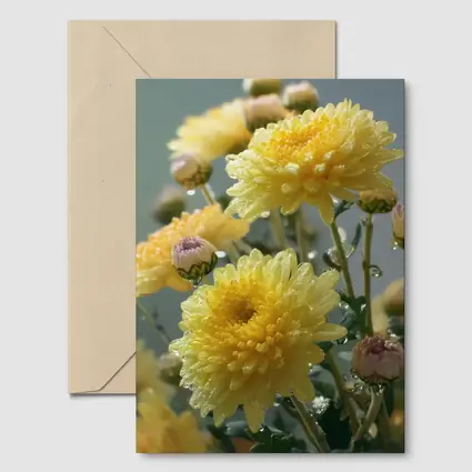 Yellow Chrysanthemums With Water Drops Gray Background