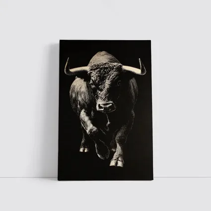 Bull Charging Forward Black Background Scratchboard Art