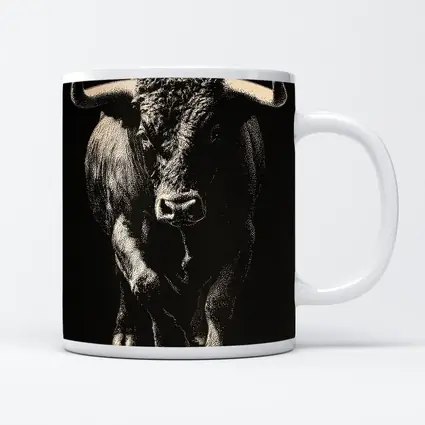 Bull Charging Forward Black Background Scratchboard Art