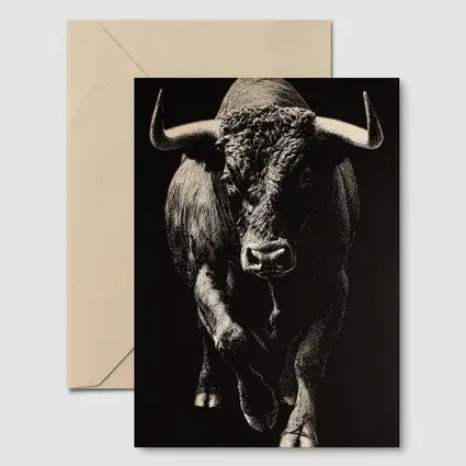 Bull Charging Forward Black Background Scratchboard Art
