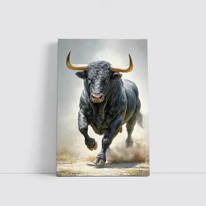 Black Bull Charging Dust Oil Painting Art