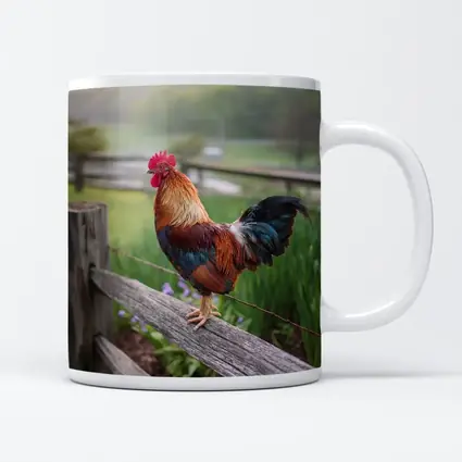 Rooster Perched On Wooden Fence Farm