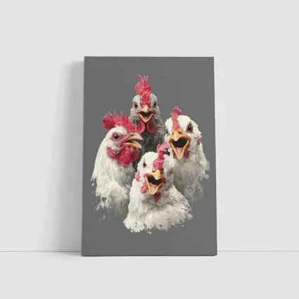 Four Expressive Chickens Portrait Gray Background