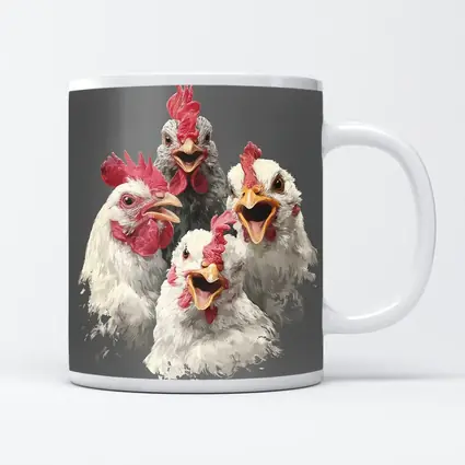 Four Expressive Chickens Portrait Gray Background