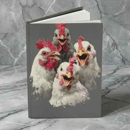 Four Expressive Chickens Portrait Gray Background