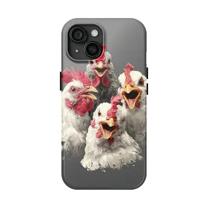 Four Expressive Chickens Portrait Gray Background