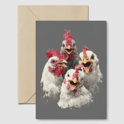 Four Expressive Chickens Portrait Gray Background