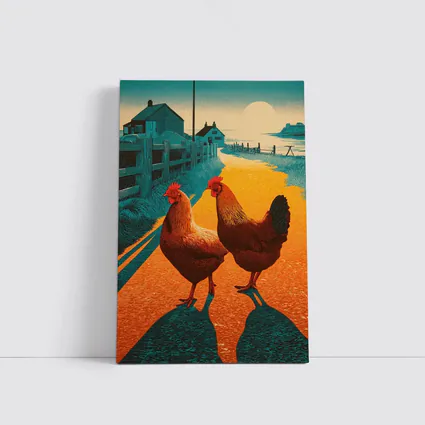 Two Roosters Farm Road Sunset Illustration