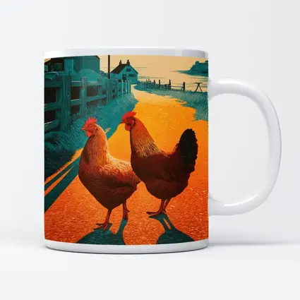 Two Roosters Farm Road Sunset Illustration