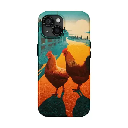 Two Roosters Farm Road Sunset Illustration