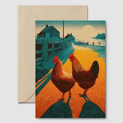 Two Roosters Farm Road Sunset Illustration