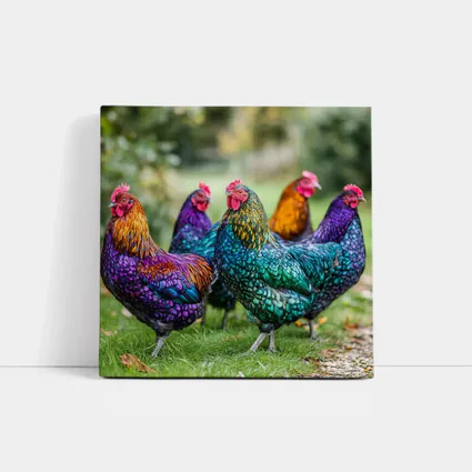 Colorful Chickens Roosters On Green Grass