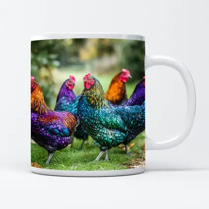 Colorful Chickens Roosters On Green Grass
