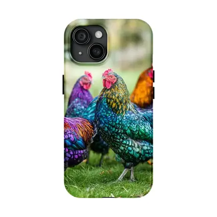 Colorful Chickens Roosters On Green Grass