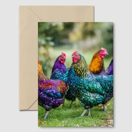 Colorful Chickens Roosters On Green Grass
