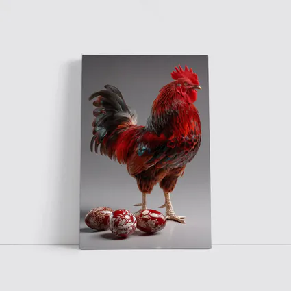 Red Rooster With Decorated Easter Eggs Gray