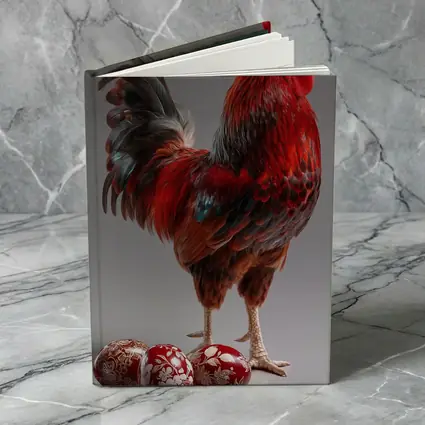 Red Rooster With Decorated Easter Eggs Gray