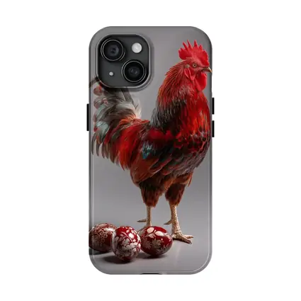 Red Rooster With Decorated Easter Eggs Gray