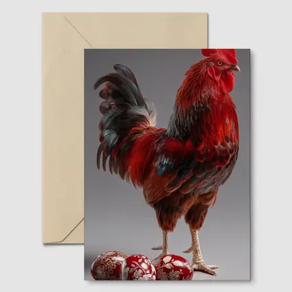 Red Rooster With Decorated Easter Eggs Gray