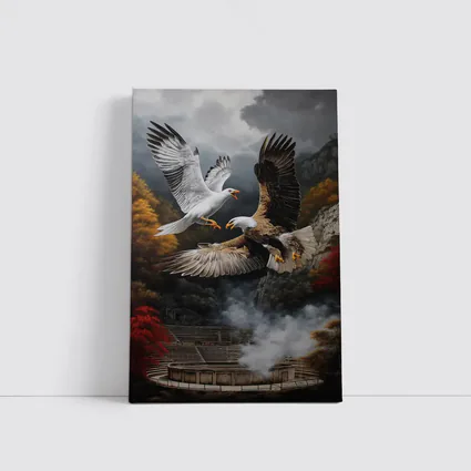 Bald Eagle And Dove Fight Autumn Cliffs