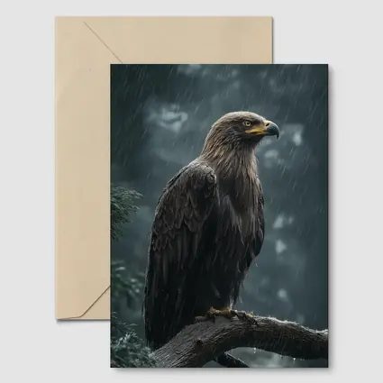 Eagle Perched On Branch In Heavy Rain