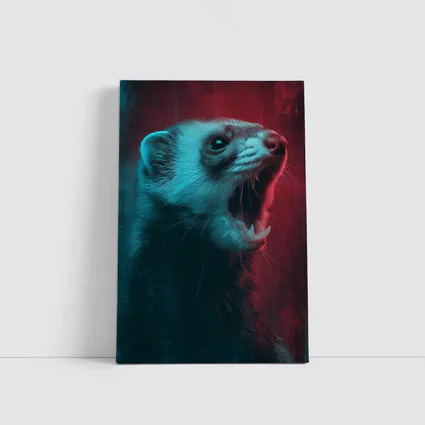 Ferret Portrait Neon Red Teal Background