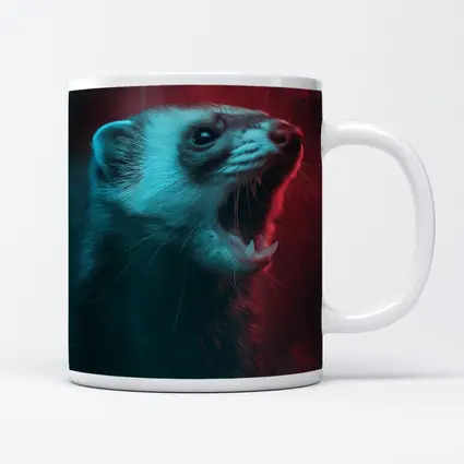 Ferret Portrait Neon Red Teal Background