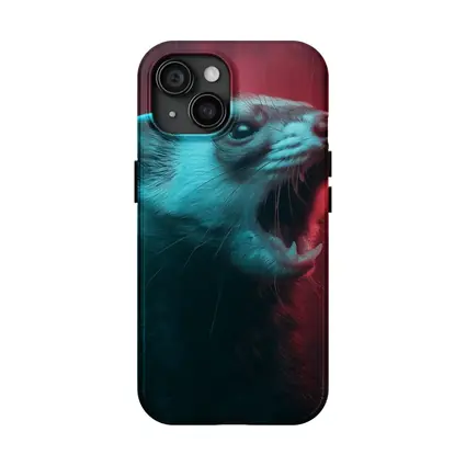 Ferret Portrait Neon Red Teal Background