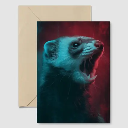 Ferret Portrait Neon Red Teal Background