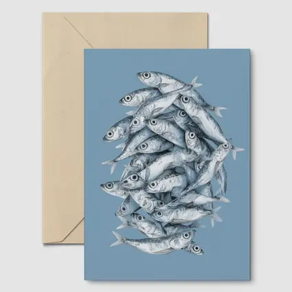 School of Sardines Blue Illustrated Fish Art