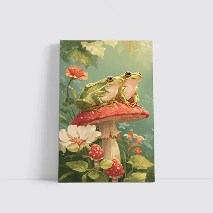 Two Green Frogs Sitting On Red Mushroom