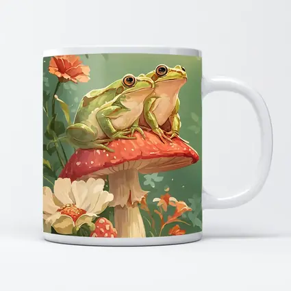 Two Green Frogs Sitting On Red Mushroom