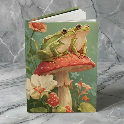 Two Green Frogs Sitting On Red Mushroom