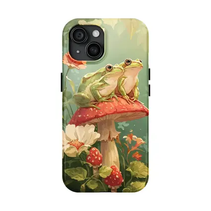Two Green Frogs Sitting On Red Mushroom