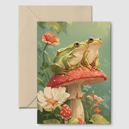 Two Green Frogs Sitting On Red Mushroom