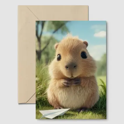 Cute Guinea Pig With Paper Airplane Outdoors