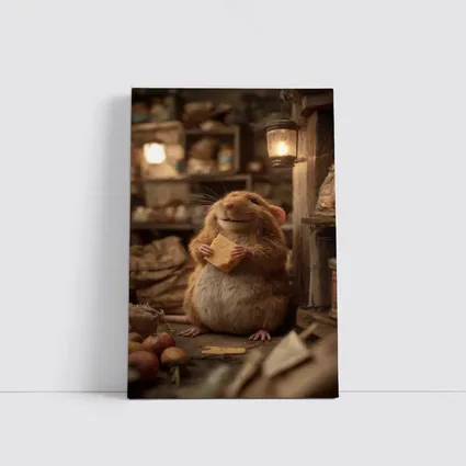 Happy Hamster Holding Cheese Rustic Cellar