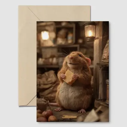 Happy Hamster Holding Cheese Rustic Cellar
