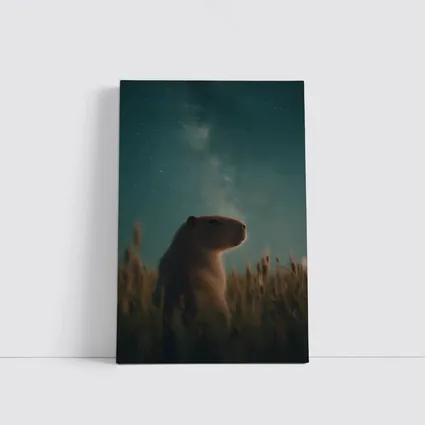 Capybara Sitting In Field Starry Night